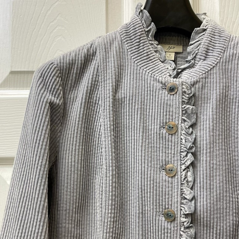 J Jill Jacket‎ Women's Small Gray Corduroy Button Up Long Sleeves Ruffled Trim